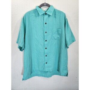 Caribbean Men XL Teal Green Modal Polyester Short Sleeve Button Down Shirt